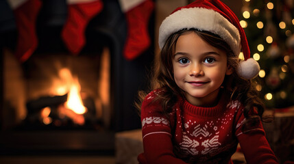 Portrait of a little girl smiling in front of a decorated Christmas tree at home