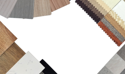 interior material samples contains wooden ceramic tiles, marble stones, brown curtain catalog, stone granite tiles palette, wooden laminated swatch isolated on background with clipping path.