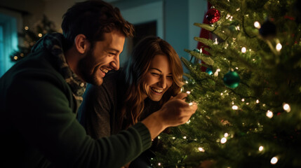 Obraz na płótnie Canvas Young couple decorate the Christmas tree