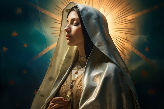 Portrait of a beautiful woman in the image of the Virgin Mary