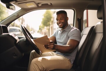 Shot of young man delivering a package while sitting in a vehicle