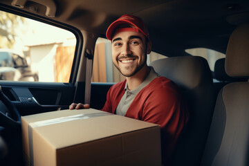 Shot of young man delivering a package while sitting in a vehicle