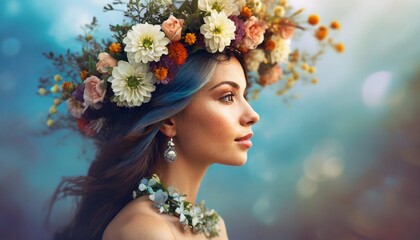 Obraz na płótnie Canvas Woman with flowers wreath background