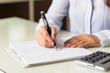 Naklejka premium Woman writing a list of debt on notebook calculating her expenses with calculator