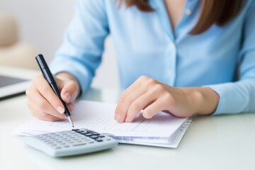 Woman writing a list of debt on notebook calculating her expenses with calculator
