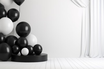 Podium display with black balloons. Black Friday studio concept