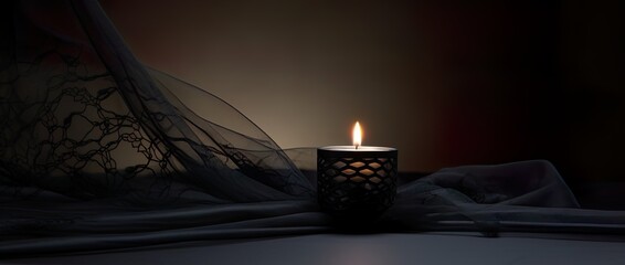 Condolence, grieving card, loss, remembrance. Candle on a dark table burning, symbole of mourning of a loved one. Black net fabric and dark background. Card for words of support and comfort.  - obrazy, fototapety, plakaty