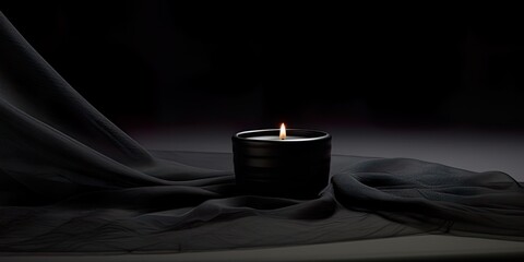 Condolence, grieving card, loss, remembrance. Candle on a dark table burning, symbole of mourning of a loved one. Black net fabric and dark background. Card for words of support and comfort. 