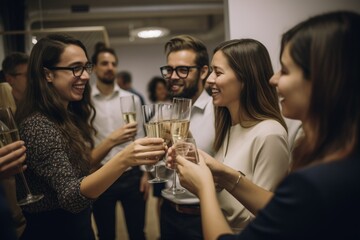 A candid moment from an office staff party where well-dressed professionals toast to success, fostering team camaraderie and bonding