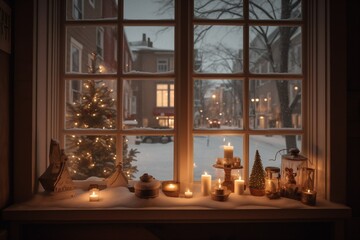 The street transforms into a tranquil winter scene, draped in a fresh snow layer. Inside the window, candles cast a welcoming glow, crafting a cozy Christmas atmosphere