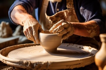 Craftsmen at work. A potter's hands shaping clay on a spinning wheel - obrazy, fototapety, plakaty