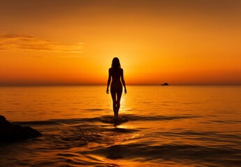 Fototapeta premium silhouette of a person walking on the beach at sunset