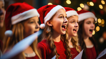 Fototapeta premium A group of joyful people singing Christmas songs , dressed in festive attire with Santa hats and red scarves, surrounded by the glow of warm lights.