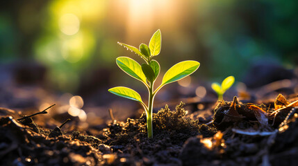 Macro shot of a plant seedling, symbolizing growth and potential, - obrazy, fototapety, plakaty
