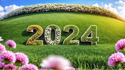 Eco-friendly Happy New Year 2024 concept with floral digits on lush grass. Generative AI. - obrazy, fototapety, plakaty
