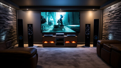 photograph of a home theatre system in a modern, finished, concrete basement, two tall bowers and wilkins speakers on either side of a 88 inch OLED TV, modern sleek entertainment center  - obrazy, fototapety, plakaty