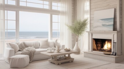 shabby chic beach style living room, fireplace. large windows, transparent curtains.