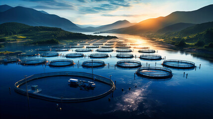 A tranquil image of a fish farm at dawn, showcasing aquaculture practices,