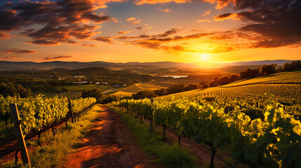 Fototapeta premium Picturesque image of a vineyard at sunrise, symbolizing the art of winemaking,