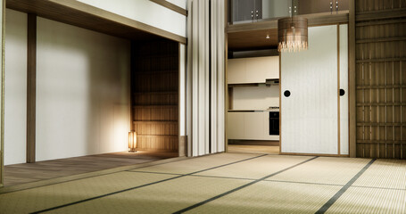 Nihon room design interior with door paper and tatami mat floor room japanese style.