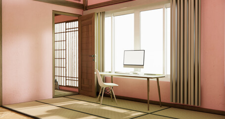 dinner room japanese style with long table and wooden chairs in room japandi.