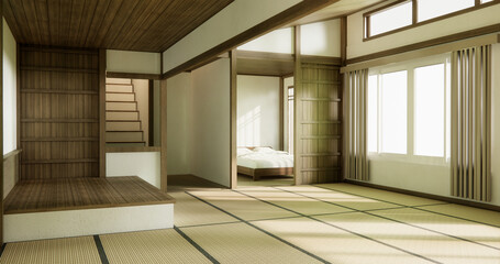Nihon room design interior with door paper and tatami mat floor room japanese style.