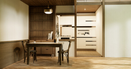 dinner room japanese style with long table and wooden chairs in room japandi.