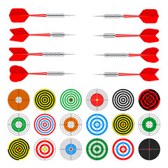 Paper targets with dart arrows. Shooting range round target, divisions, marks and numbers. Gun shooting practise and training, sport competition, hunting. Bullseye and aim. Vector illustration