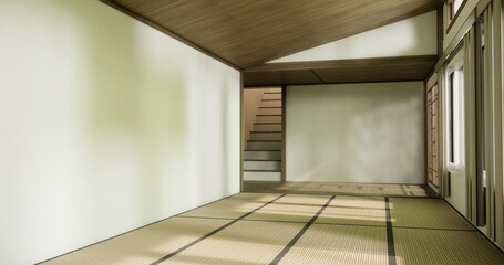 Fototapeta premium Nihon room design interior with door paper and tatami mat floor room japanese style.
