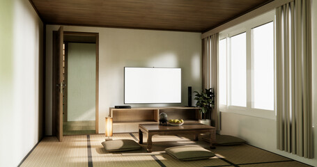 low table and pillow on tatami mat in wooden room japanese style.