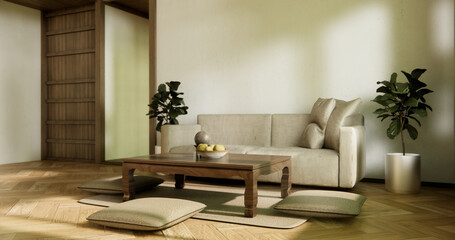 sofa and decoration japanese on Modern room interior wabisabi style.