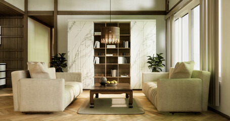 sofa and decoration japanese on Modern room interior wabisabi style.