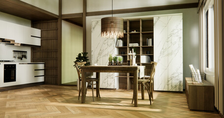 dinner room japanese style with long table and wooden chairs in room japandi.