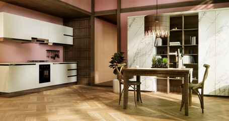 dinner room japanese style with long table and wooden chairs in room japandi.