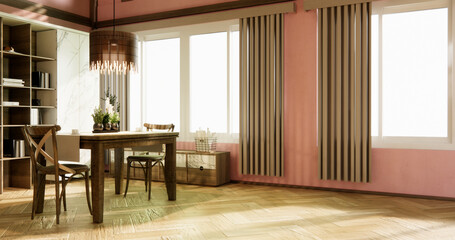 dinner room japanese style with long table and wooden chairs in room japandi.