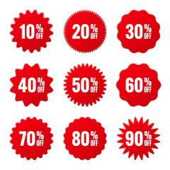 Price tags collection, special offer or shopping discount label with percent, discount percentage value. Red retail paper sticker. Promotional sale badge. Vector illustration