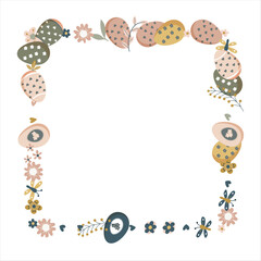 Happy Easter Banner. Pattern of eggs, flowers and twigs. For card, banner, poster, flyer, and web. Spring Festival. Vector illustration