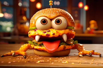 Crazy burger. Funny mad cartoon beefburger with eyes and mouth. Angry hungry character. Cute illustration for a school notebook, menu, puzzle, cover. Burger Day. Street food festival. - obrazy, fototapety, plakaty