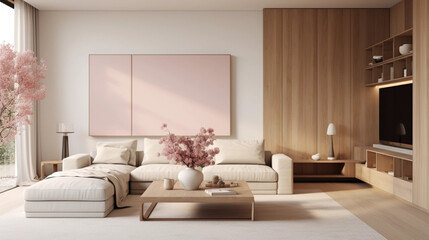 home interior design, calming mood, beige color block, modern design, tone down brush pink, white wood interior 