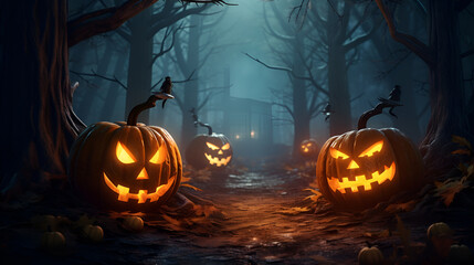 halloween pumpkin with bats,Spooky Pumpkin and Dark Forest,Haunted Halloween Design with Copyspace,,AI Generative 