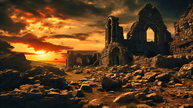 Magnificent image of ancient ruins against a dramatic sky, capturing the essence of history,