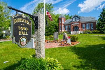 Dunstable Town Hall on Main Street at Town Common in summer in historic town center of Dunstable,...