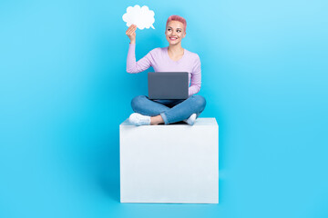 Full size body cadre of young dreamy lady sit paper bubble cloud use netbook look bubble cloud opinion isolated on blue color background