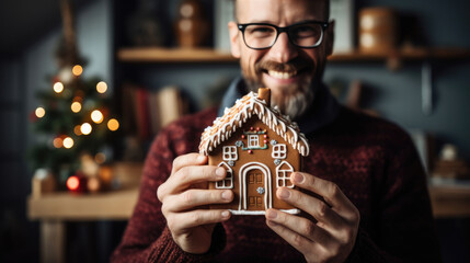 A smiling man with glasses and a beard is holding a gingerbread house decorated with white icing, with a Christmas tree and warm lights blurred in the background.