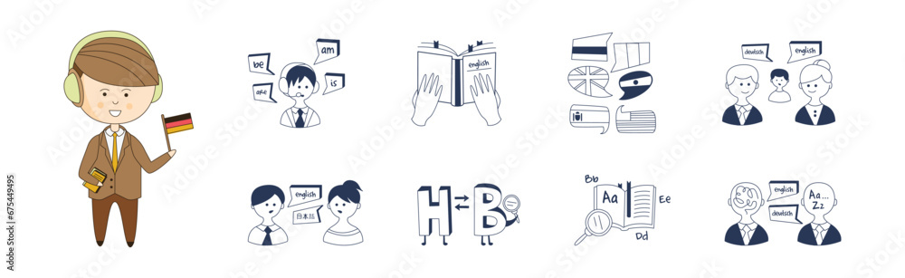 Poster foreign language learning and study line element vector set