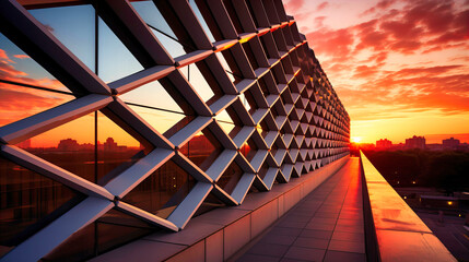 Captivating silhouette of architectural structures against a radiant sunset, illustrating the harmony of shapes and light, - obrazy, fototapety, plakaty