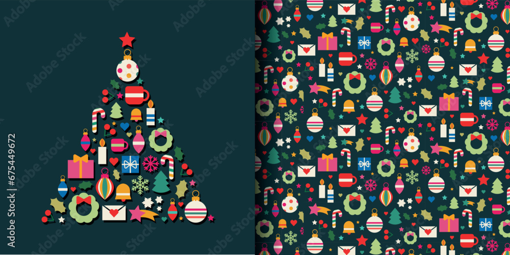 Wall mural christmas tree made of objects and seamless pattern