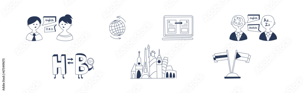 Poster foreign language learning and study line element vector set