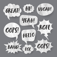 Crumpled paper comic speech bubbles. Hand drawn retro cartoon stickers with text. Pop art style. Old, vintage dialog boxes with cardboard texture. Vector illustration