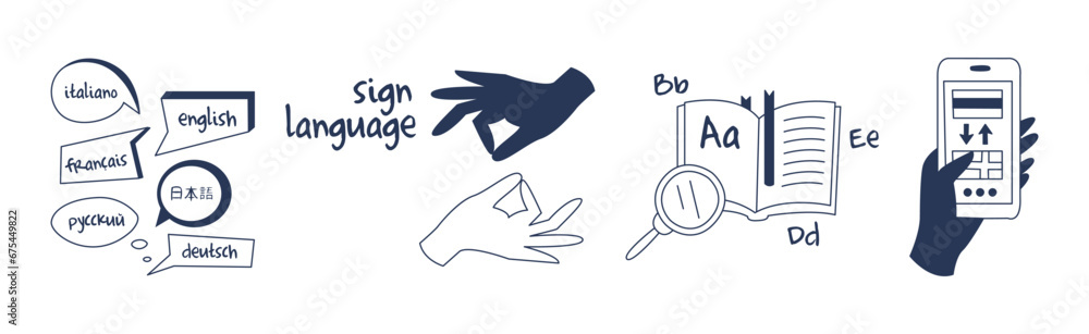 Poster foreign language learning and study line element vector set